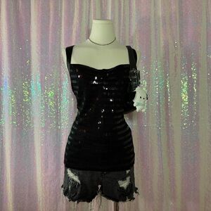 Black Shiny Sequin Striped Formal Y2K Sweetheart Tank Top Blouse ★